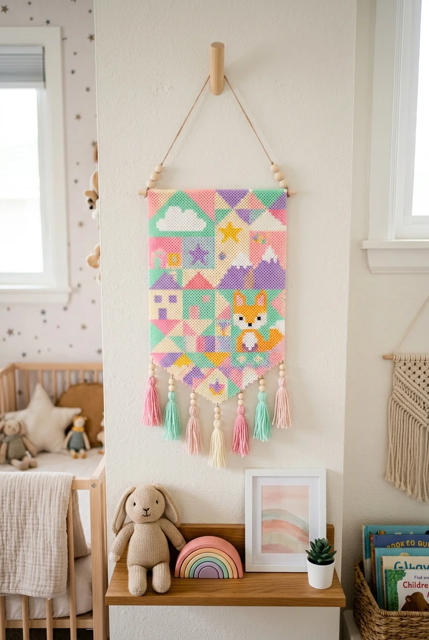 beaded banners Perler Fuse Bead Pastel Nursery Banner DIY (AI Generated Image)