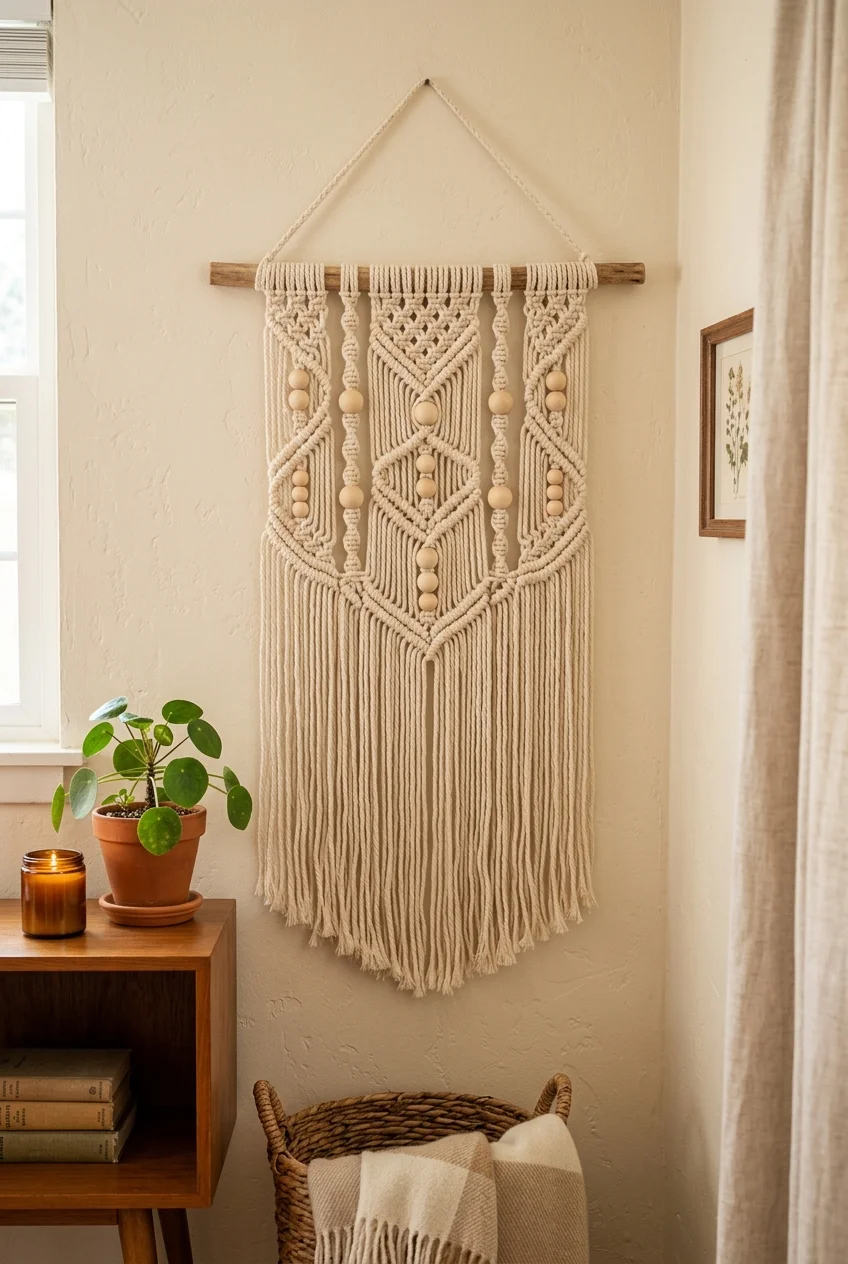 beaded banners Macrame and Wood Bead Fringe Wall Hanging (AI Generated Image)