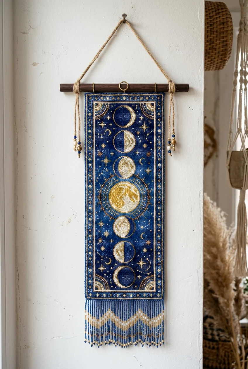 beaded tapestry patterns Celestial Moon Phase Peyote Tapestry Pattern DIY project (AI Generated Image)