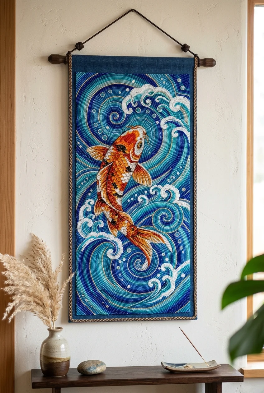 beaded tapestry patterns Japanese Koi Fish & Wave Tapestry Pattern (AI Generated Image)