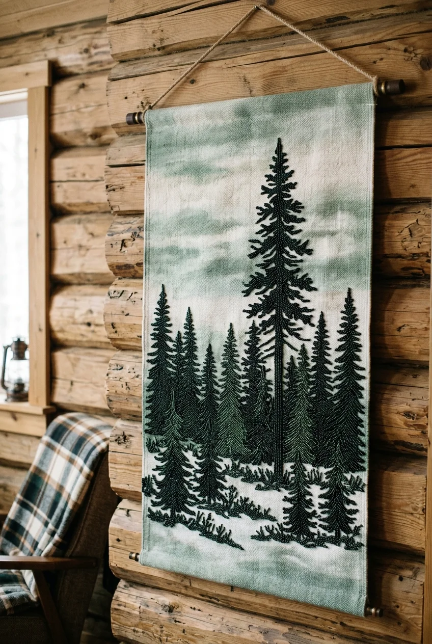 beaded tapestry patterns Forest Pine Tree Silhouette Beaded Wall Art (AI Generated Image)