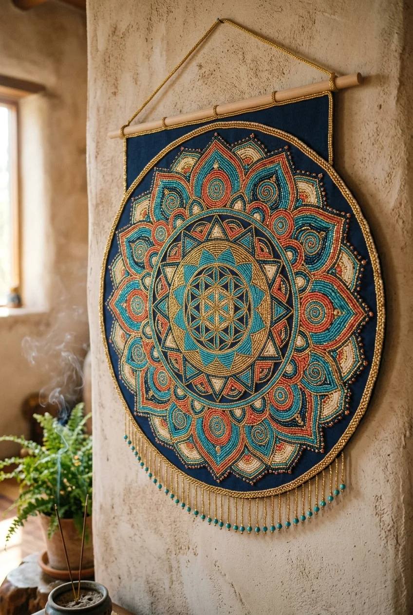 beaded tapestry patterns Sacred Geometry Mandala Seed Bead Tapestry (AI Generated Image)