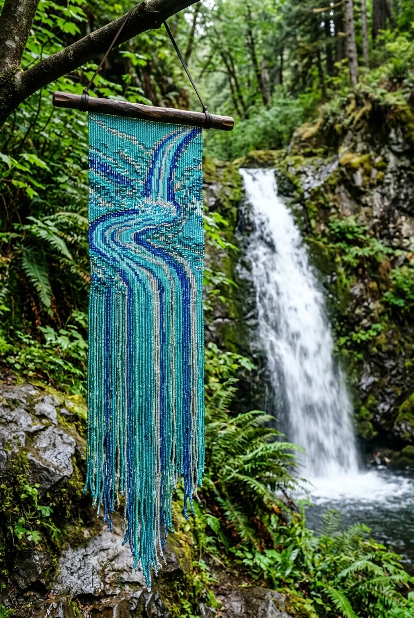 beaded tapestry patterns Cascading Waterfall & Fringe Bead Tapestry (AI Generated Image)