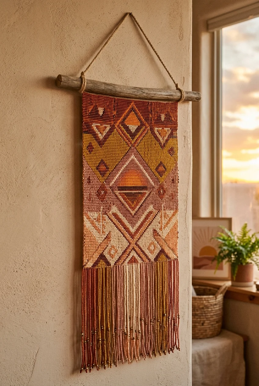 beaded tapestry patterns Bohemian Sunset Geometric Bead Loom Tapestry (AI Generated Image)