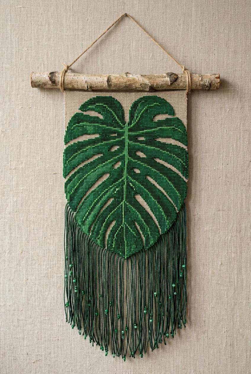 beaded tapestry patterns Botanical Monstera Leaf Square Stitch Wall Art (AI Generated Image)