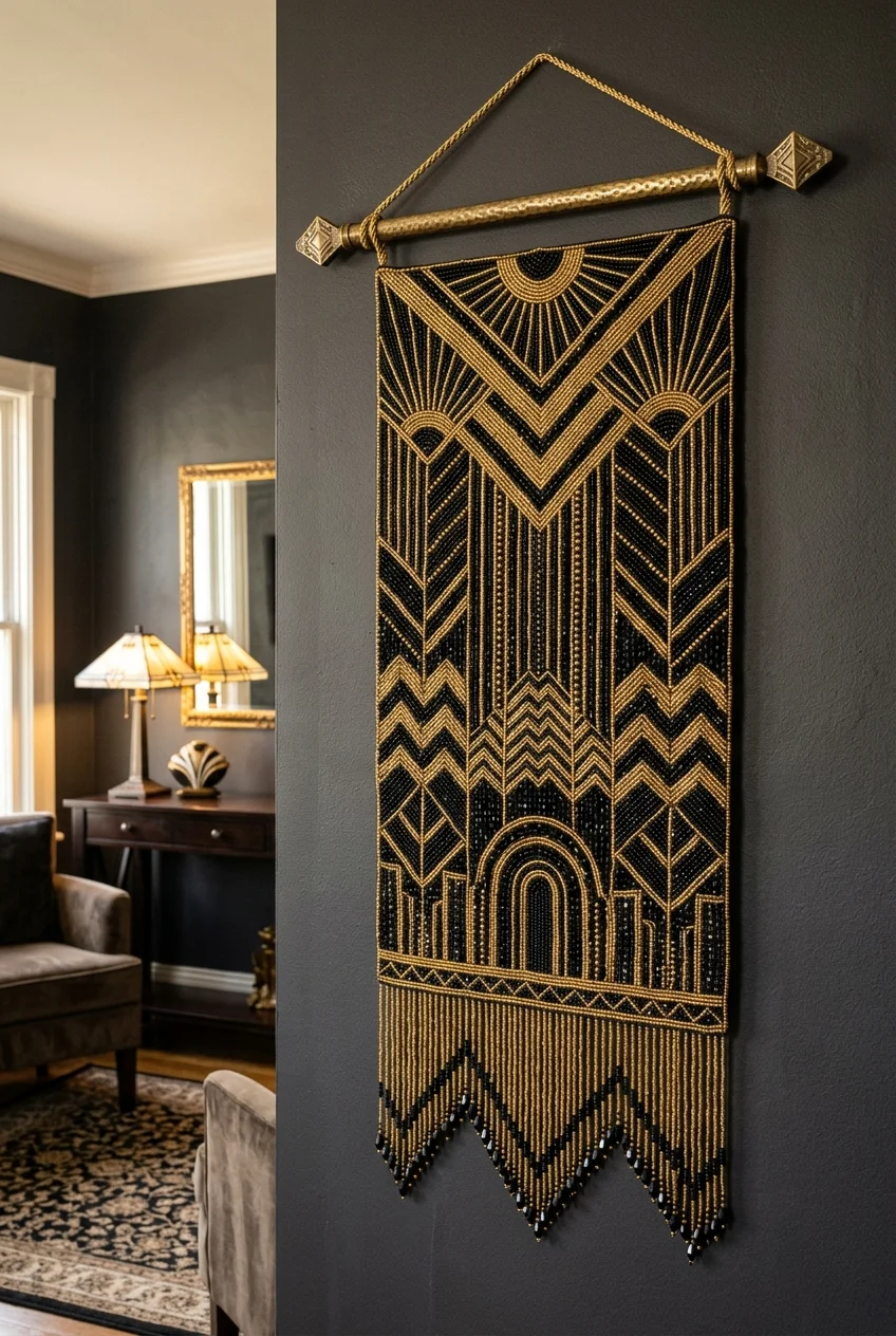 beaded tapestry patterns Art Deco Metallic Gold & Onyx Bead Tapestry (AI Generated Image)