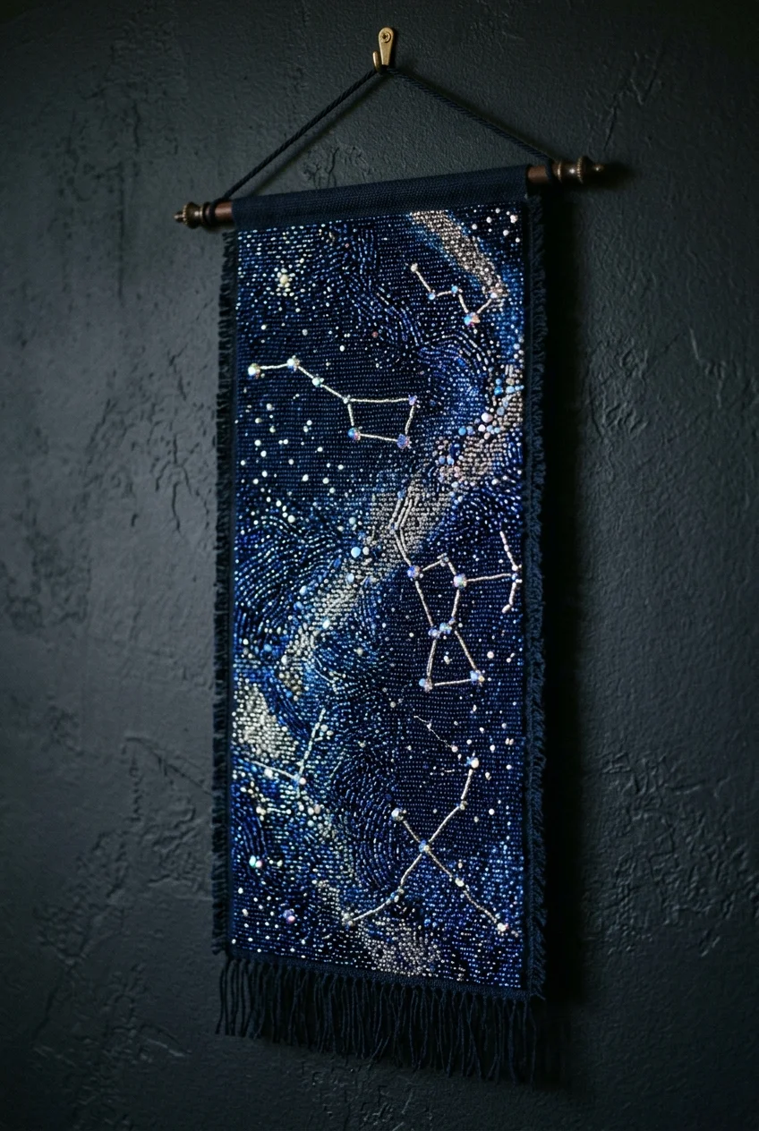 beaded tapestry patterns Midnight Constellation & Galaxy Seed Bead Wall Hanging (AI Generated Image)