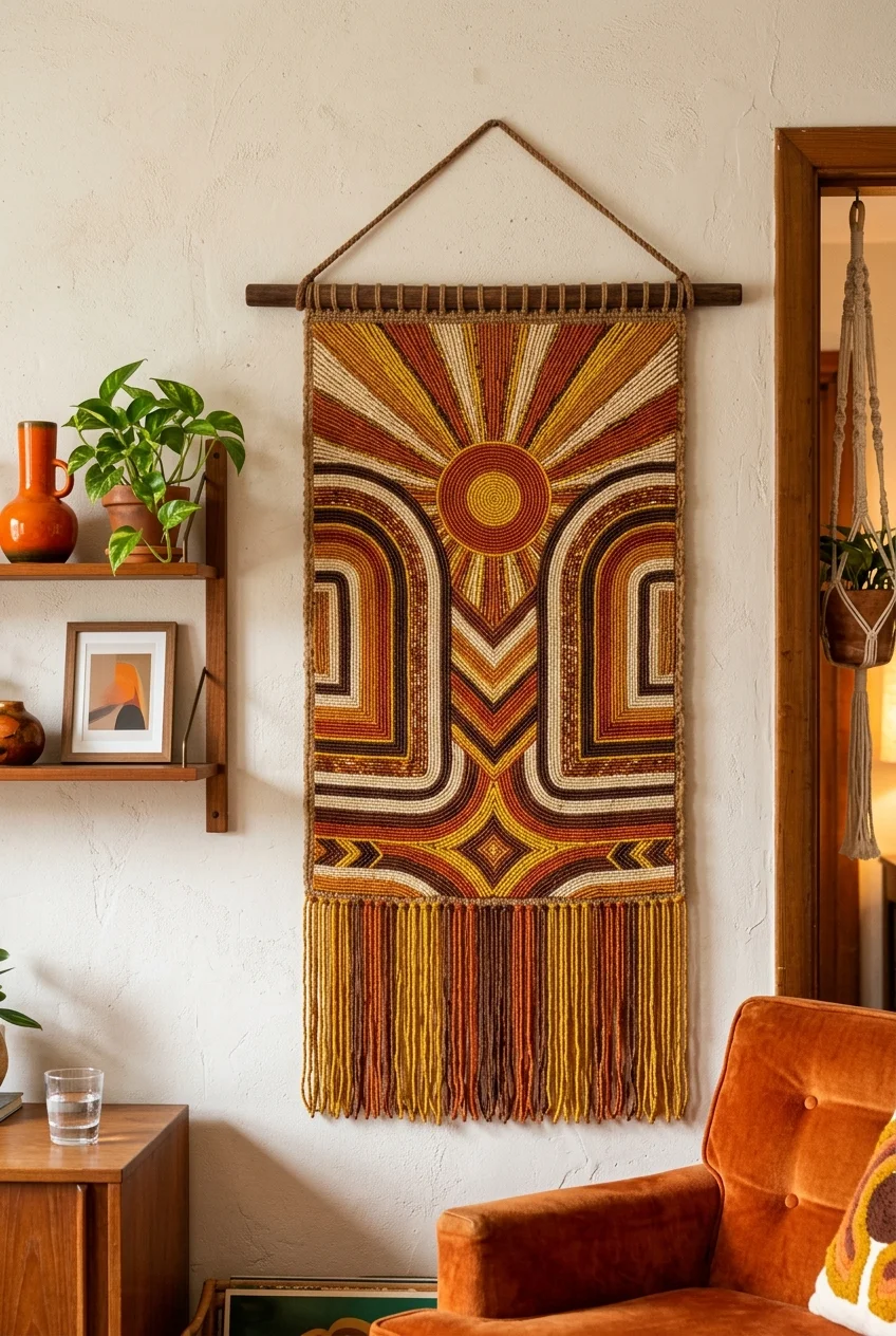 beaded tapestry patterns Retro 70s Arch & Sunburst Beaded Tapestry (AI Generated Image)