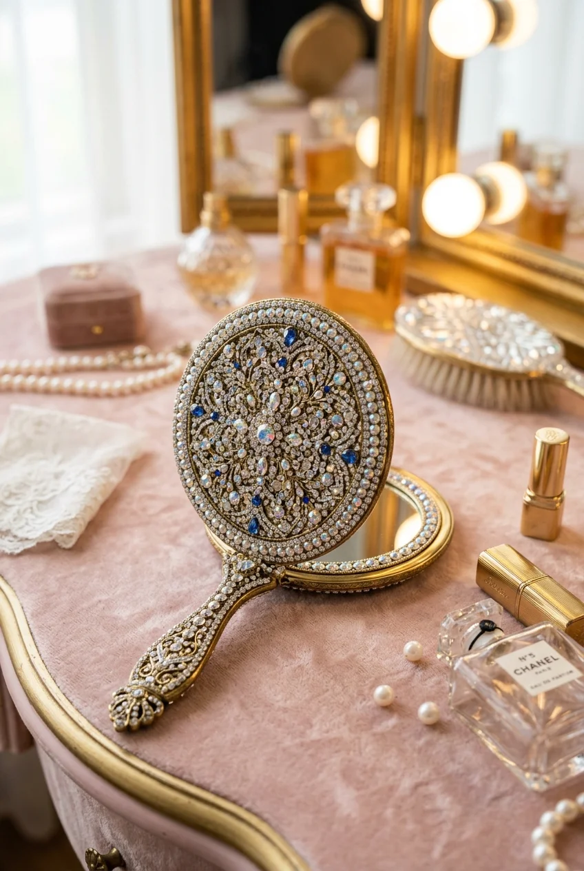 10 Random Things to Bedazzle That Make Everyday Life 100% Extra 8 random things to bedazzle handheld compact mirrors & vanity brushes (AI Generated Image)