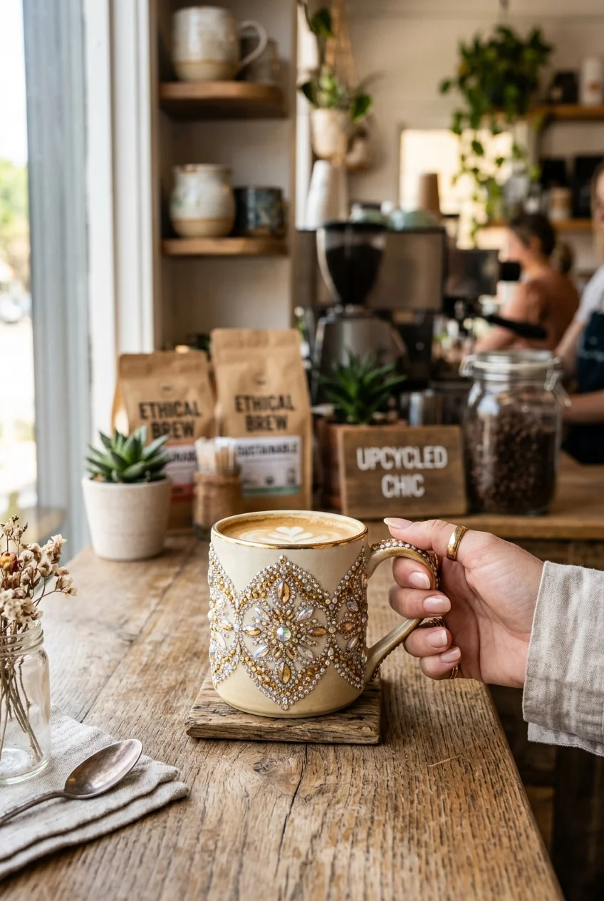 10 Random Things to Bedazzle That Make Everyday Life 100% Extra 3 random things to bedazzle thrifted ceramic coffee mugs & tumblers (AI Generated Image)