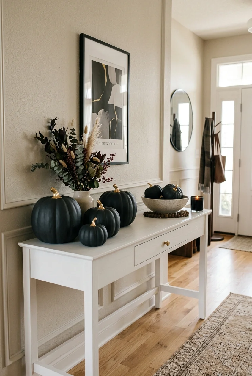 diy fall decorations - Matte Charcoal Painted Pumpkin Display (AI Generated Image)