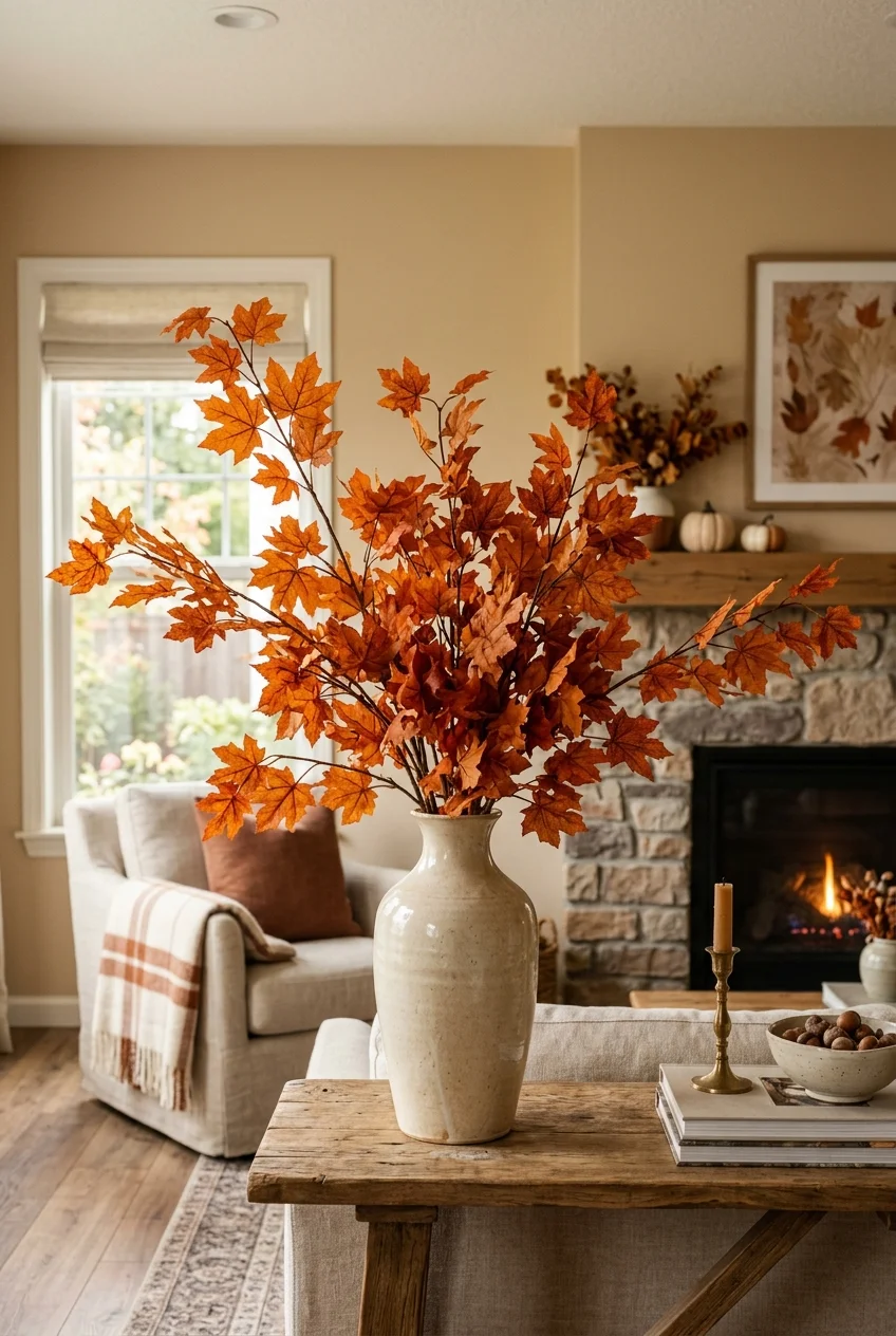 diy fall decorations - Glycerin-Preserved Maple Foliage Branch Vase (AI Generated Image)