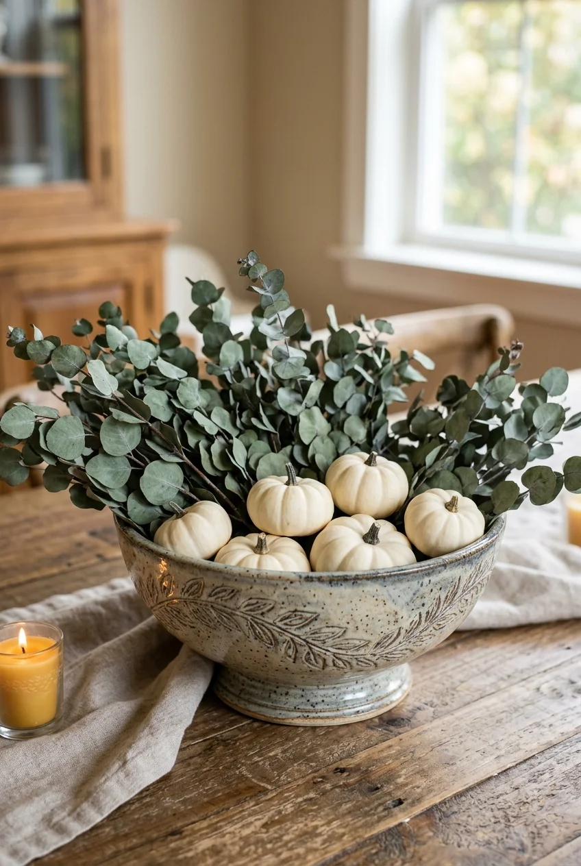 diy fall decorations - Dried Eucalyptus & White Pumpkin Floral Bowl (AI Generated Image)