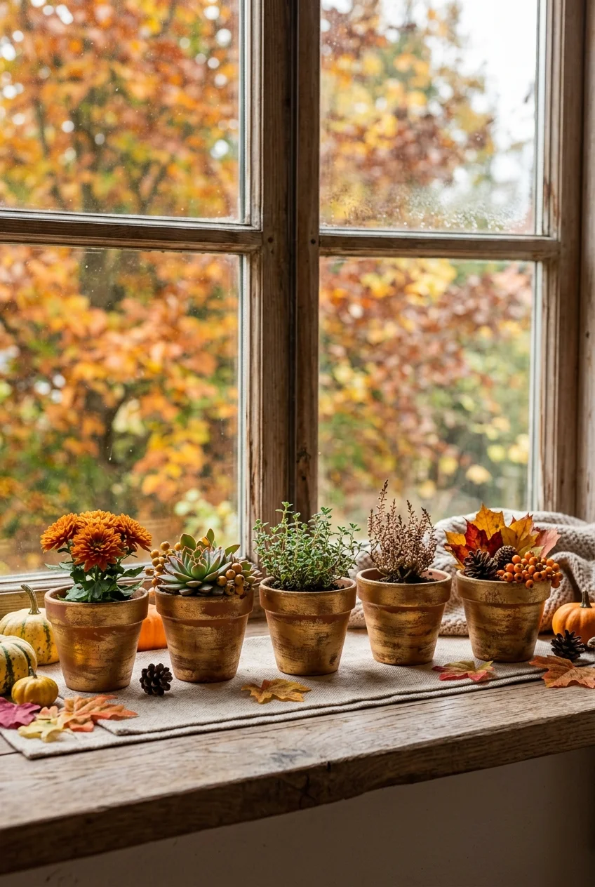 diy fall decorations - Dry-Brushed Gold Accent Terracotta Pots (AI Generated Image)