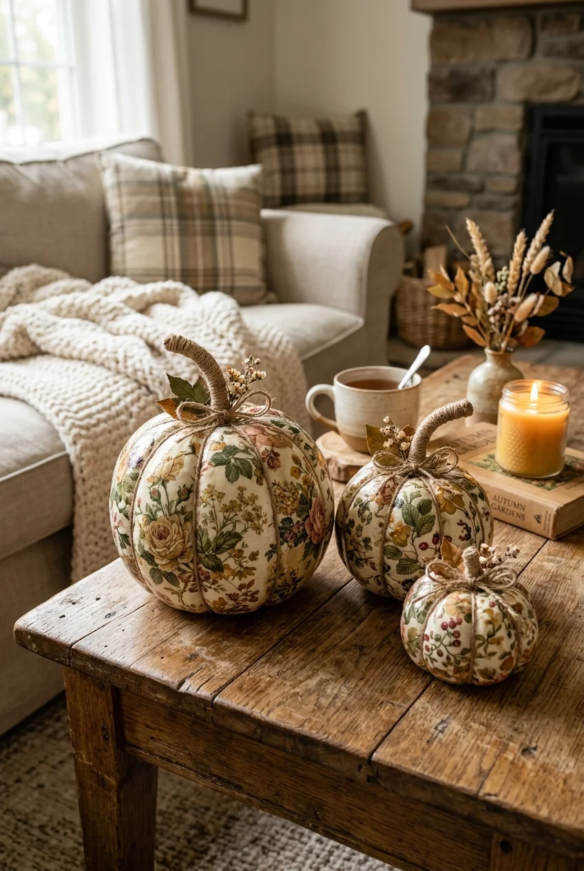 diy fall decorations - Decoupage Botanical Fabric Pumpkins (AI Generated Image)
