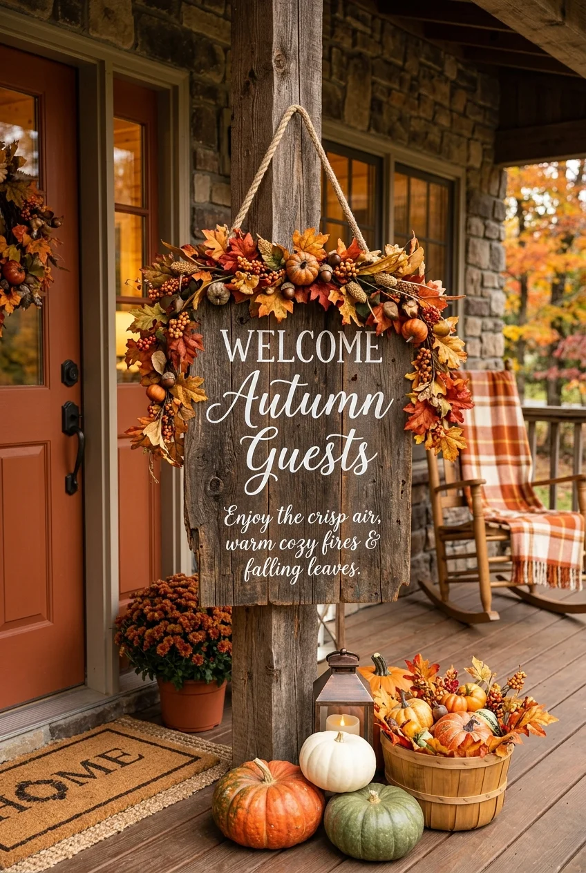 diy fall decorations - Cricut Vinyl Stenciled Fall Welcome Sign (AI Generated Image)