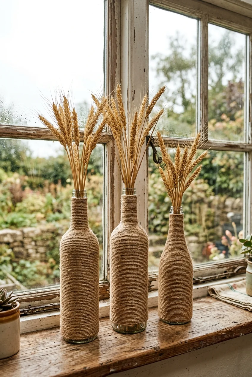 diy fall decorations - Natural Jute Wrapped Wine Bottle Vases (AI Generated Image)