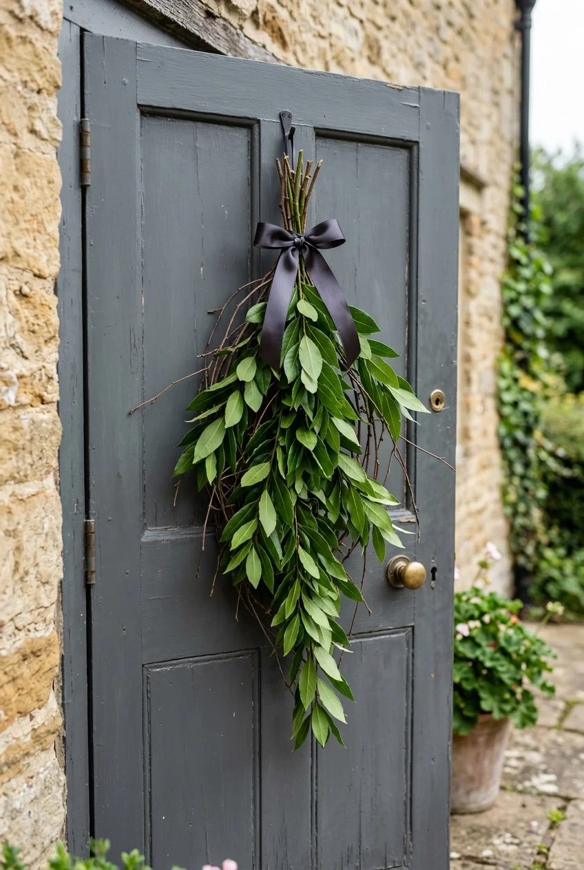 diy fall decorations - Minimalist Laurel Leaf Grapevine Door Swag (AI Generated Image)