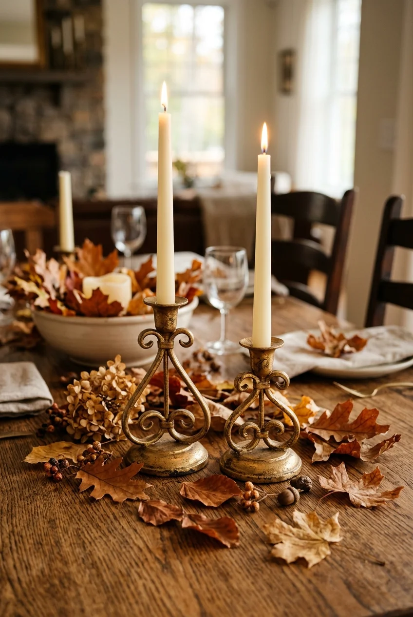 diy fall decorations - Antique Gold Thrifted Candleholders (AI Generated Image)