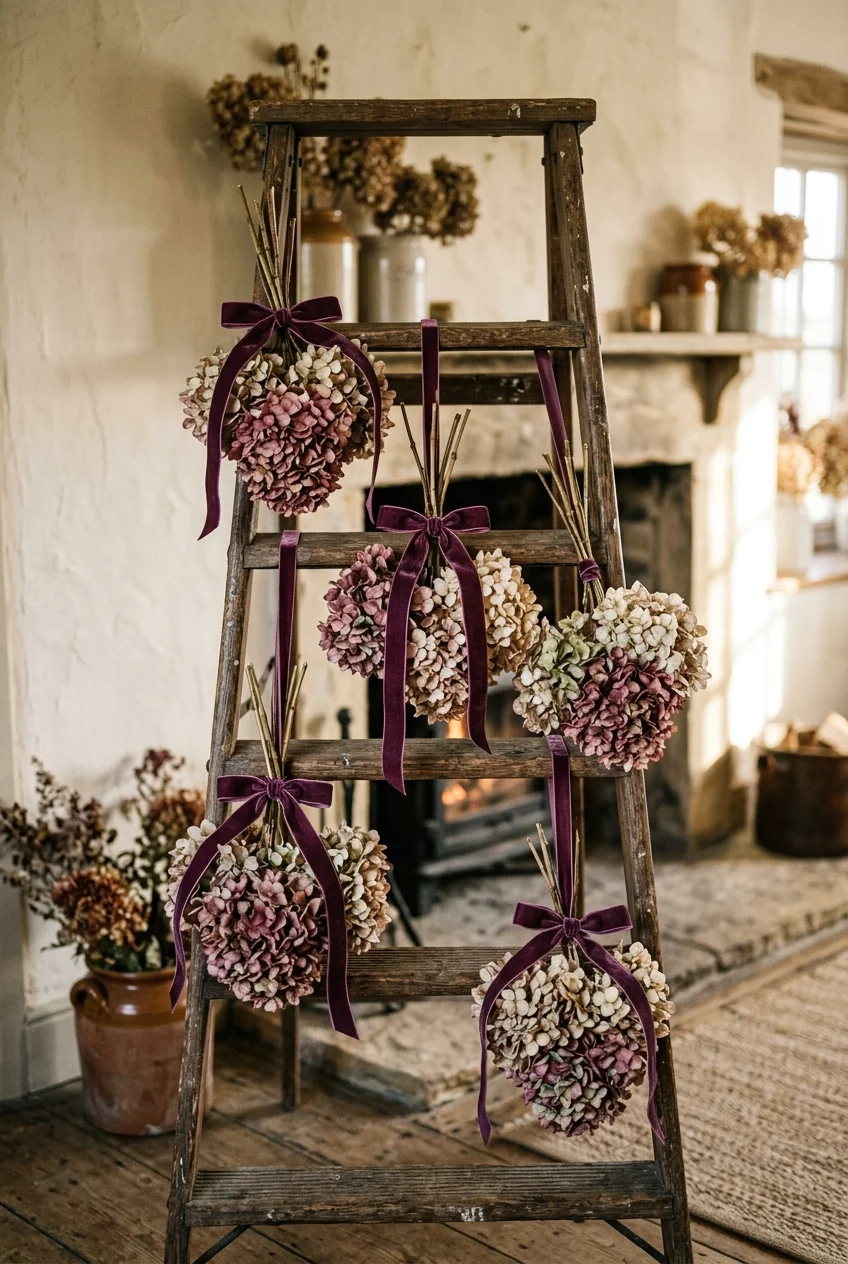 diy fall decorations - Velvet Ribbon Tied Dried Hydrangea Bundles (AI Generated Image)
