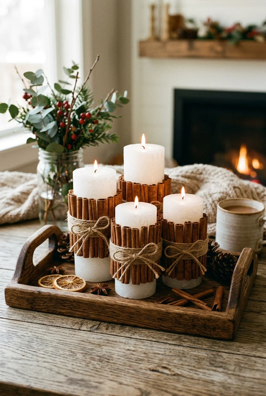 diy fall decorations - Cinnamon Stick Wrapped Pillar Candles (AI Generated Image)