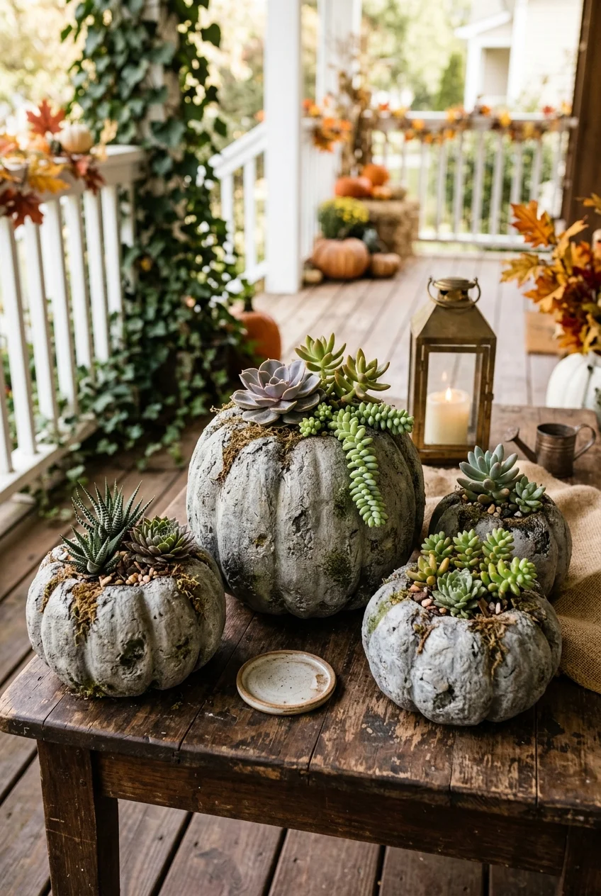 diy fall decorations - Upcycled Aged Stone Pumpkin Planters (AI Generated Image)