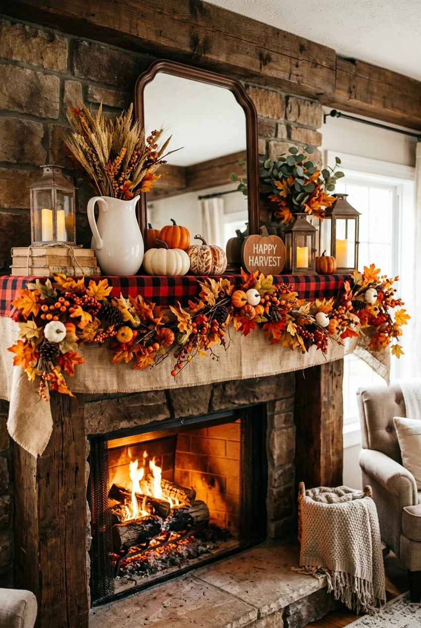diy fall decorations - Layered Burlap & Plaid Autumn Mantel Runner (AI Generated Image)
