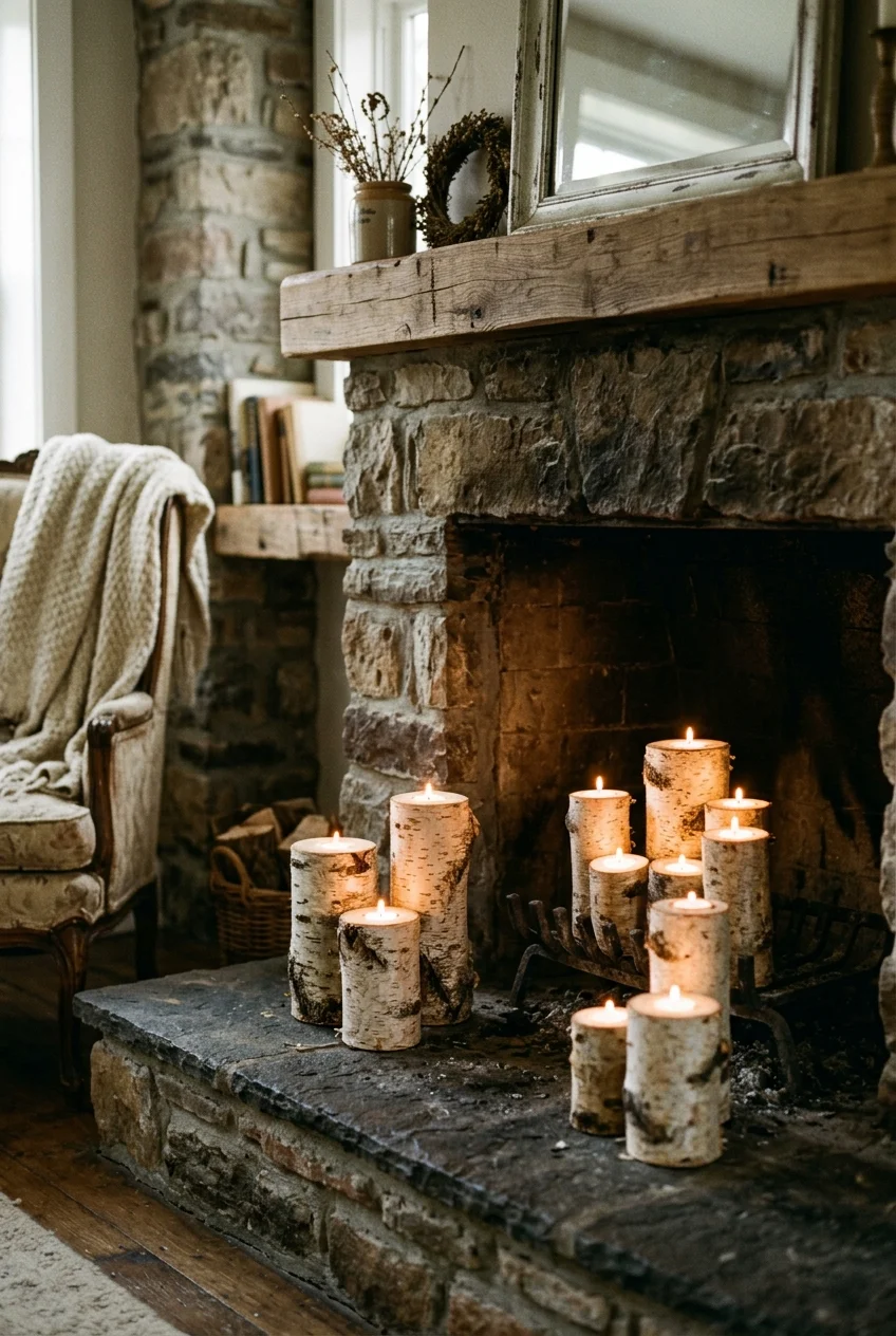 diy fall decorations - Birch Log & Tea Light Fireplace Insert (AI Generated Image)