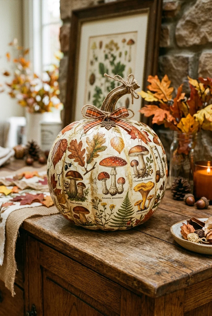 diy fall decorations - Printed Vintage Botanical Pumpkin Decoupage (AI Generated Image)