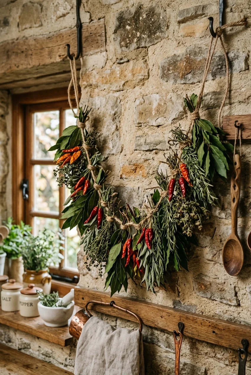 diy fall decorations - Hanging Dried Herb & Chili Pepper Kitchen Garland (AI Generated Image)
