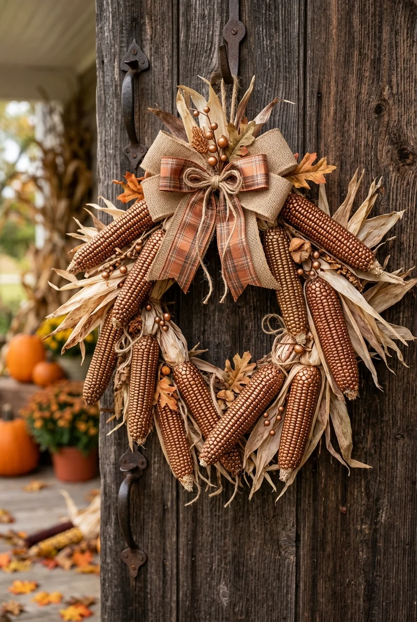 diy fall decorations - Metallic Bronze Painted Indian Corn Wall Hanging (AI Generated Image)