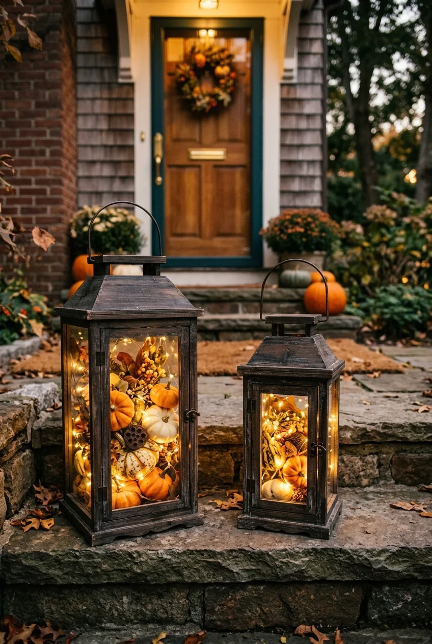 diy fall decorations - Rustic Wooden Lanterns filled with Pumpkins & Fairy Lights (AI Generated Image)