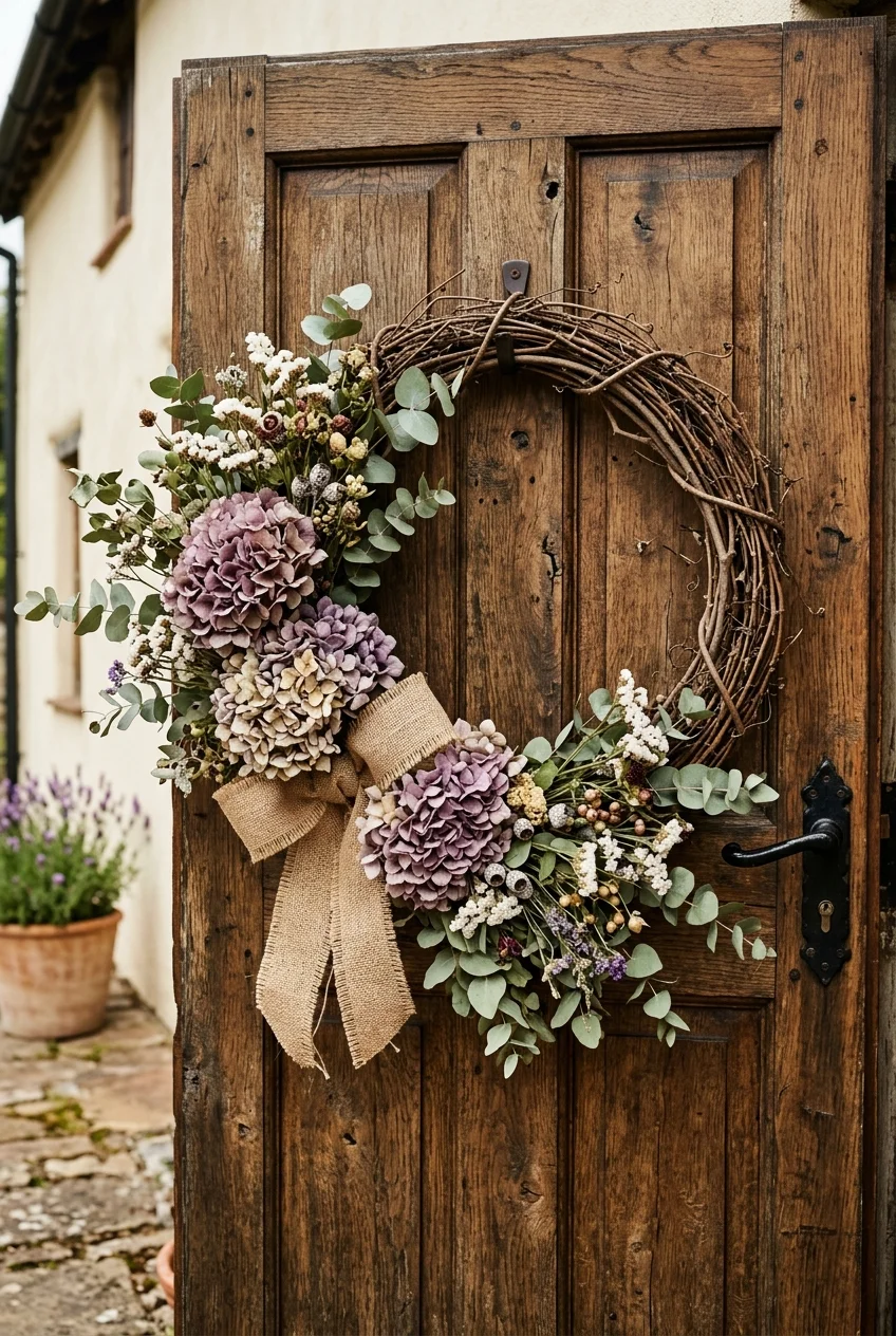 diy fall decorations - Asymmetrical Grapevine & Hydrangea Wreath (AI Generated Image)