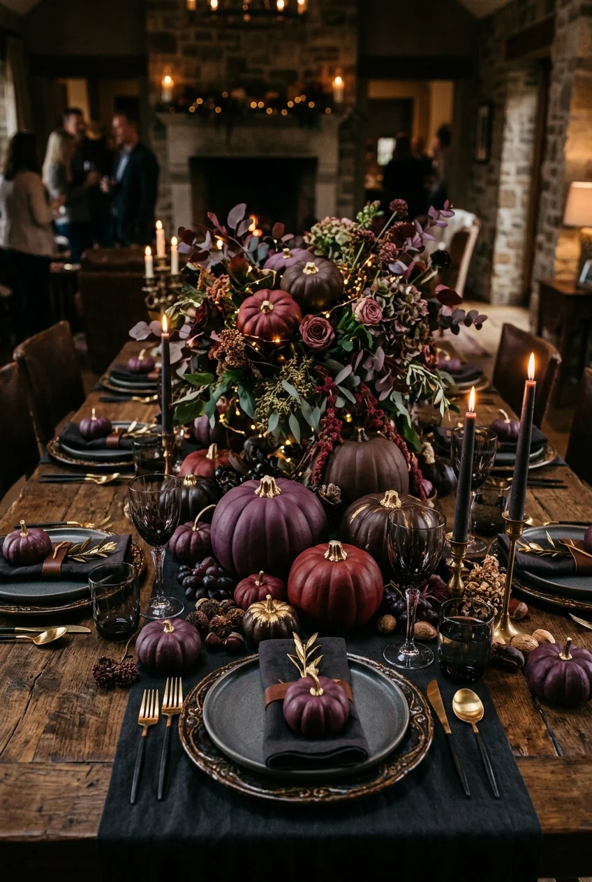 diy fall decorations - Dark Plum & Oxblood Painted Harvest Table Arrangement (AI Generated Image)