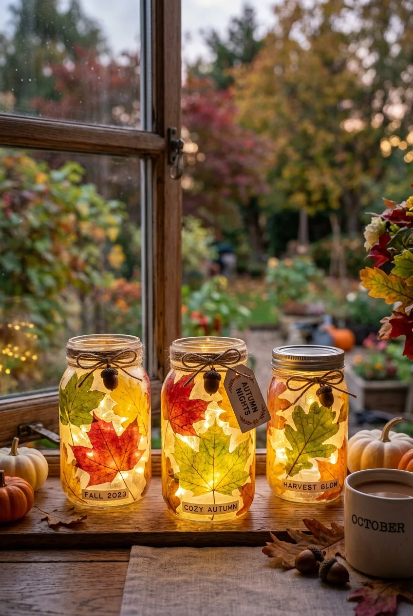 diy fall decorations - Pressed Autumn Leaf Decoupage Lanterns (AI Generated Image)