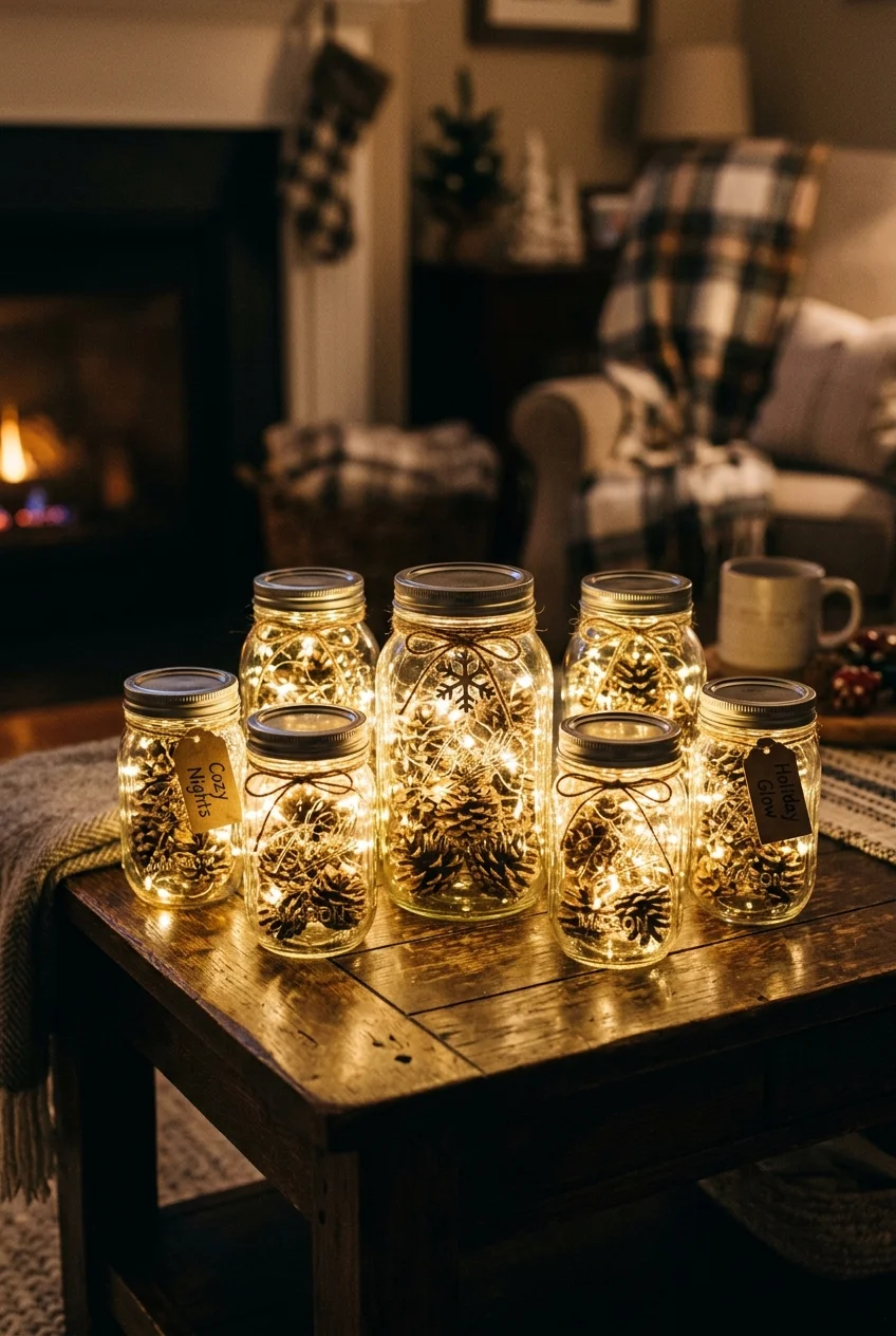 diy fall decorations - Mason Jar Fairy Light Luminaries (AI Generated Image)
