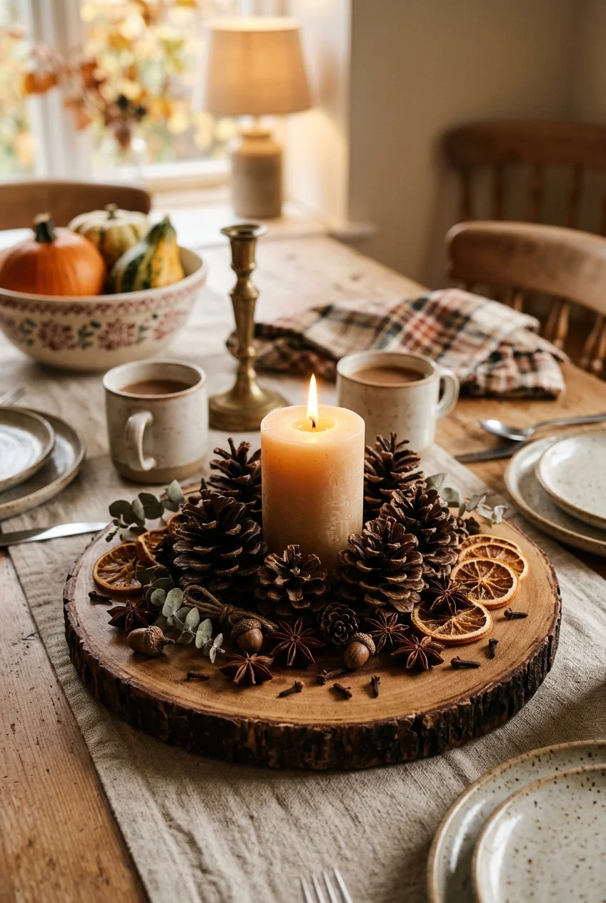 diy fall decorations - Wood Slice & Pinecone Table Centerpiece (AI Generated Image)