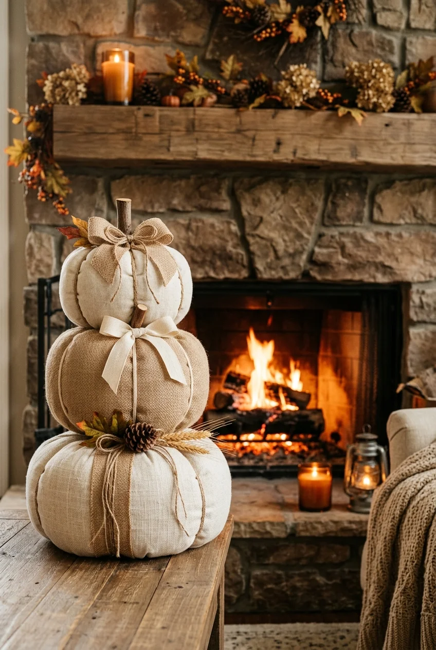 diy fall decorations - Fabric-Wrapped Foam Pumpkin Stack (AI Generated Image)