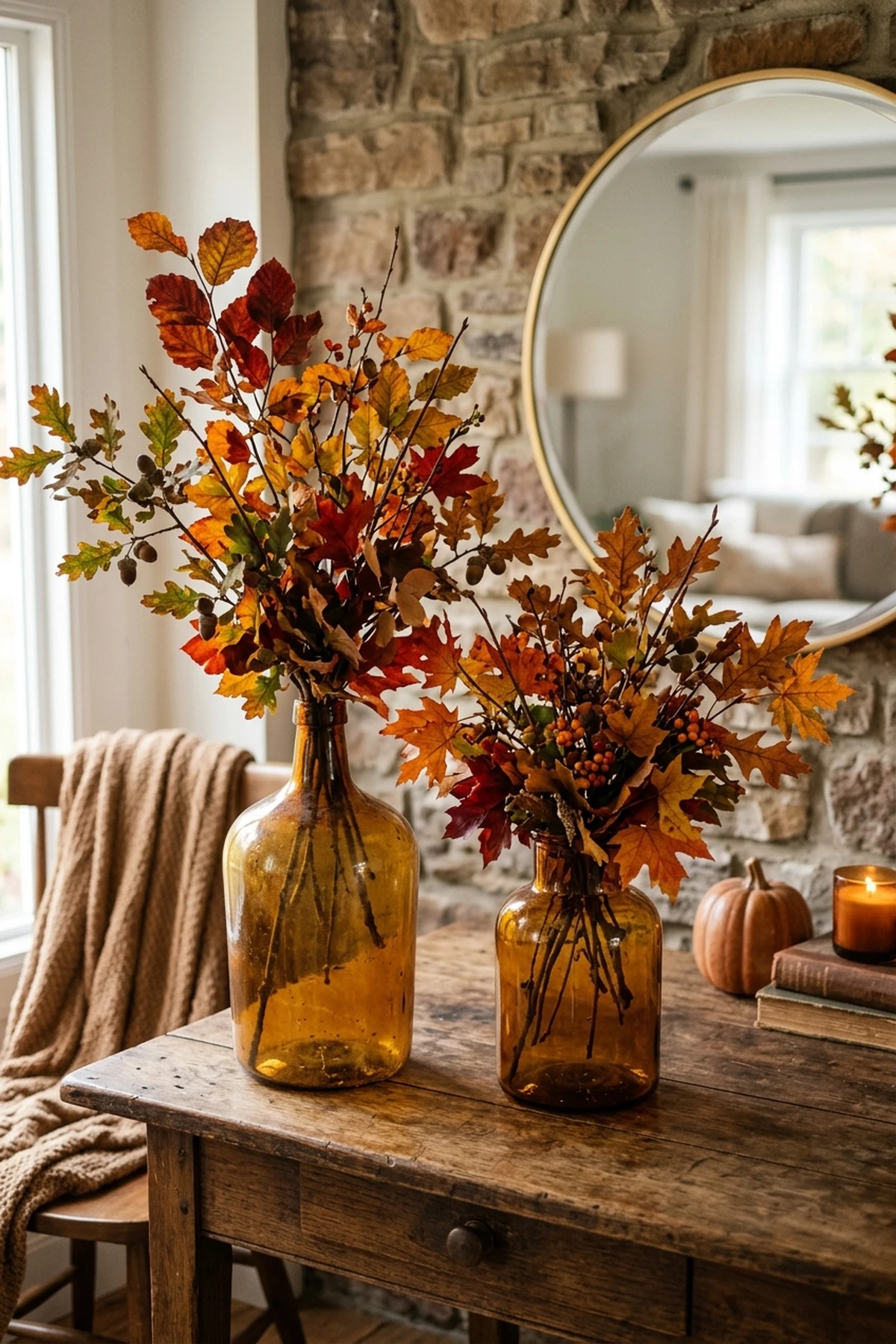 30 Earthy Fall Decor Ideas for a Cozy, Sustainable Home 2 Foraged Oak & Maple Branch Arrangements in Amber Glass Vases - fall decor ideas (AI Generated Image)