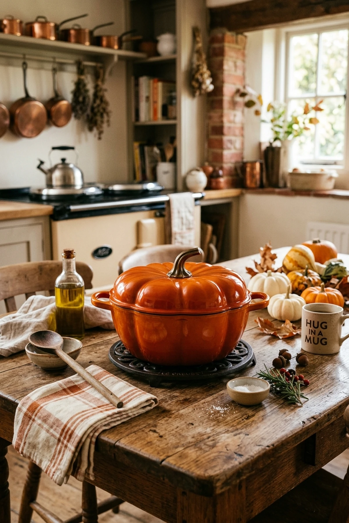 30 Earthy Fall Decor Ideas for a Cozy, Sustainable Home 12 Le Creuset Pumpkin Dutch Oven as Kitchen Centerpiece - fall decor ideas (AI Generated Image)