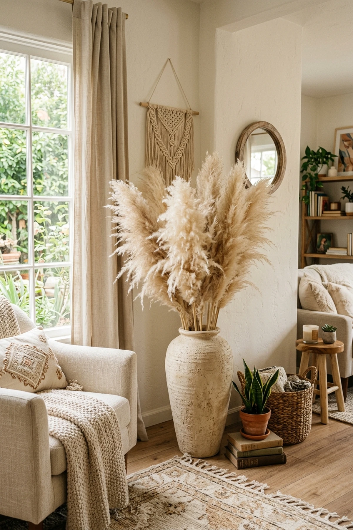 30 Earthy Fall Decor Ideas for a Cozy, Sustainable Home 14 Faux Pampas Grass Tall Vases for Empty Room Corners - fall decor ideas (AI Generated Image)
