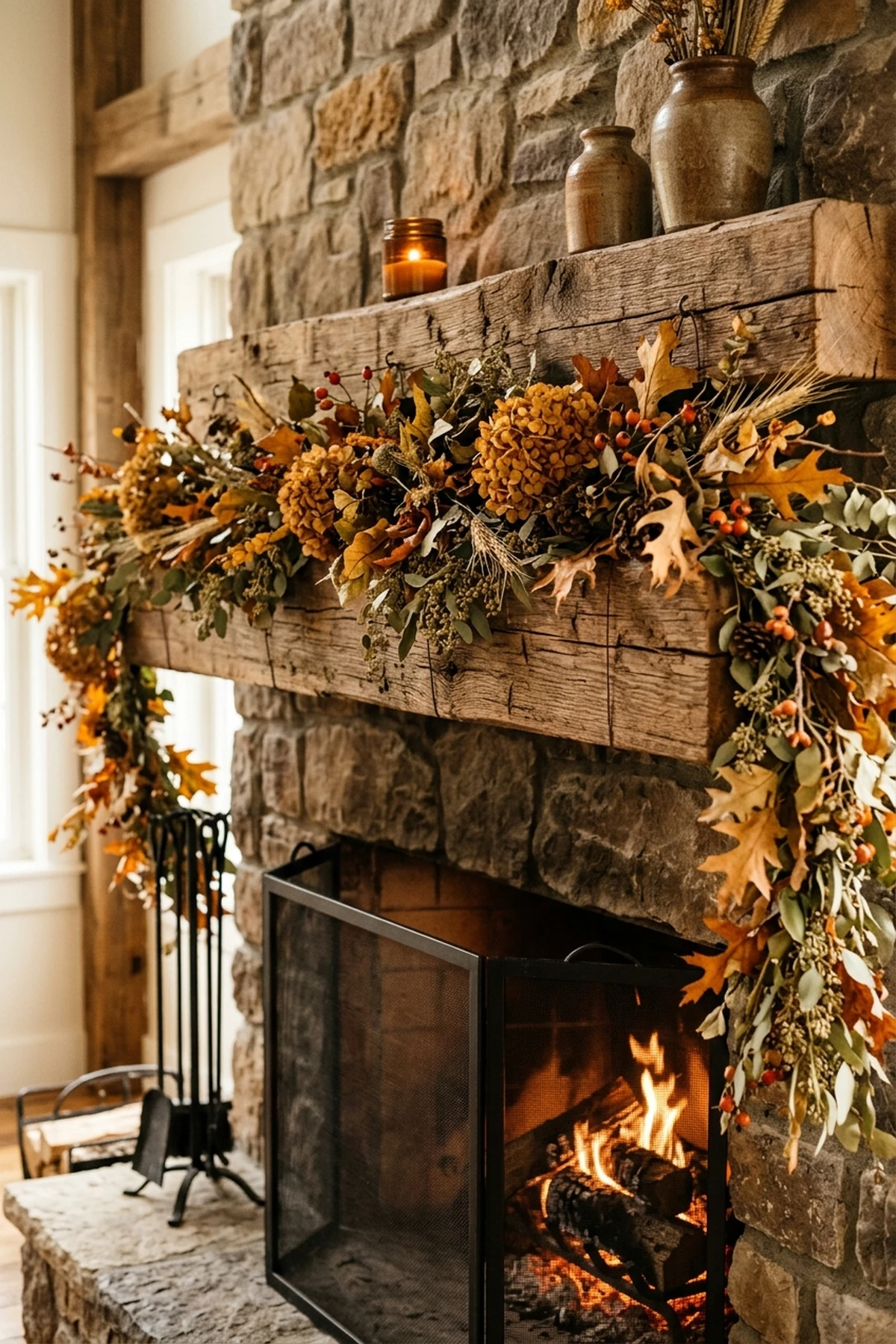 30 Earthy Fall Decor Ideas for a Cozy, Sustainable Home 15 Reclaimed Barnwood Mantel Planks with Floral Wire Anchors - fall decor ideas (AI Generated Image)