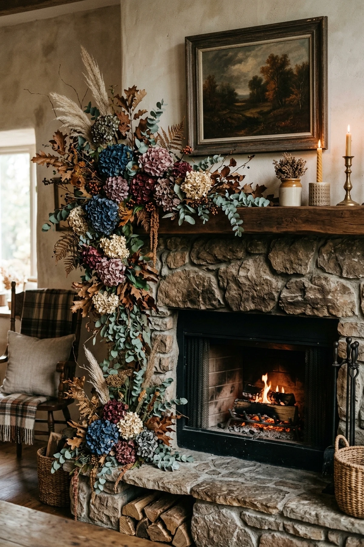 30 Earthy Fall Decor Ideas for a Cozy, Sustainable Home 3 Asymmetrical Mantel Draping with Preserved Hydrangeas - fall decor ideas (AI Generated Image)