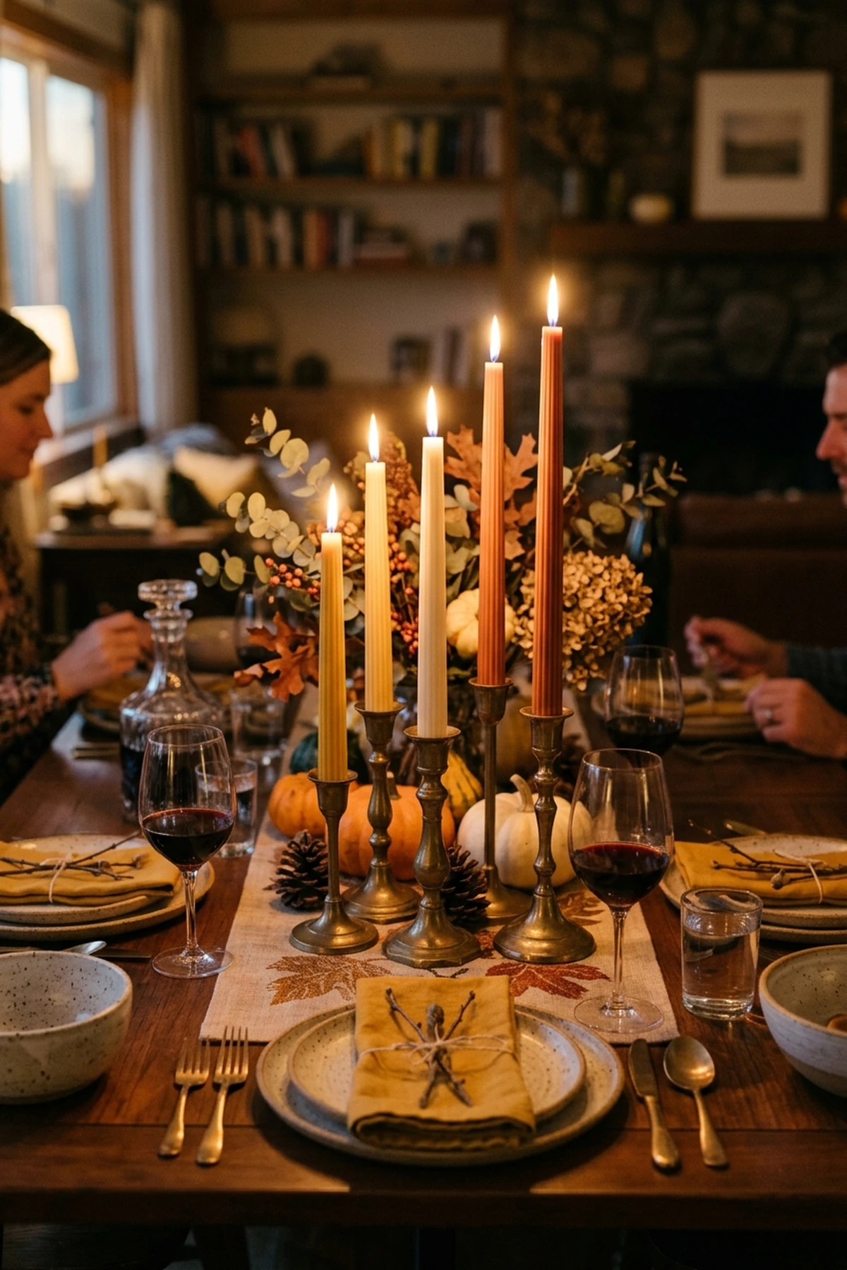 30 Earthy Fall Decor Ideas for a Cozy, Sustainable Home 4 Multi-Height Ribbed Taper Candles on Brass Holders - fall decor ideas (AI Generated Image)