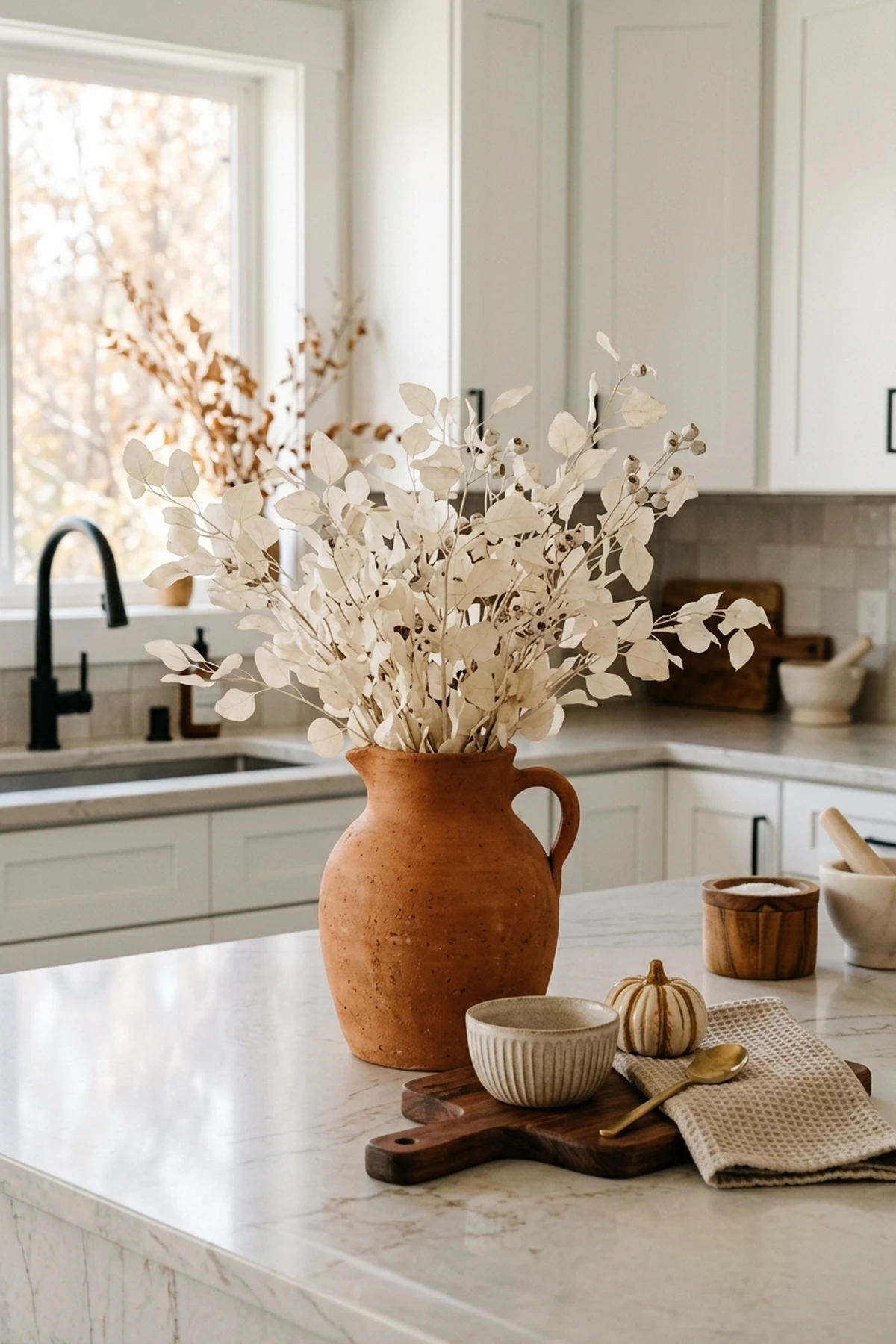 30 Earthy Fall Decor Ideas for a Cozy, Sustainable Home 5 Terracotta Jugs Stuffed with Bleached Dried Eucalyptus - fall decor ideas (AI Generated Image)