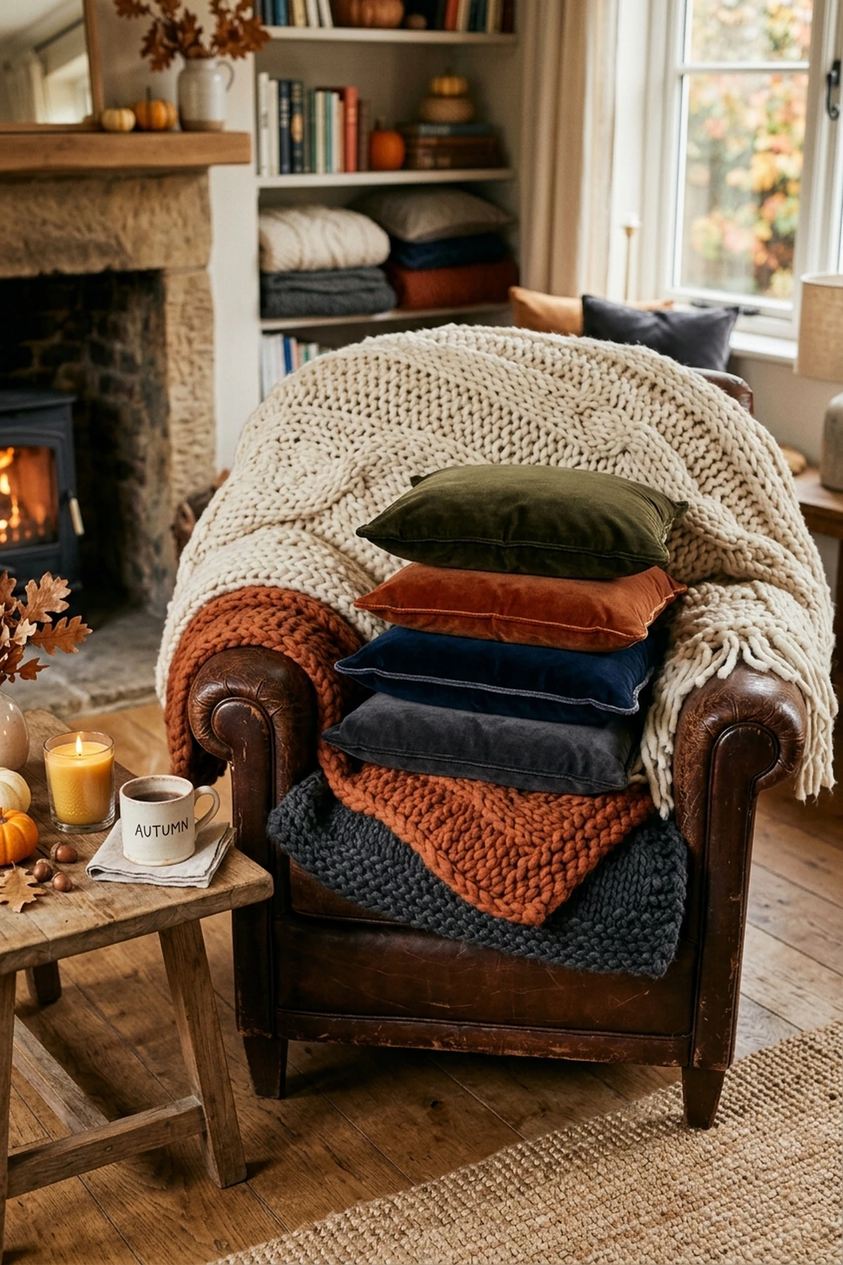 30 Earthy Fall Decor Ideas for a Cozy, Sustainable Home 6 Layered Chunky Knit & Velvet Cushion Stacks - fall decor ideas (AI Generated Image)