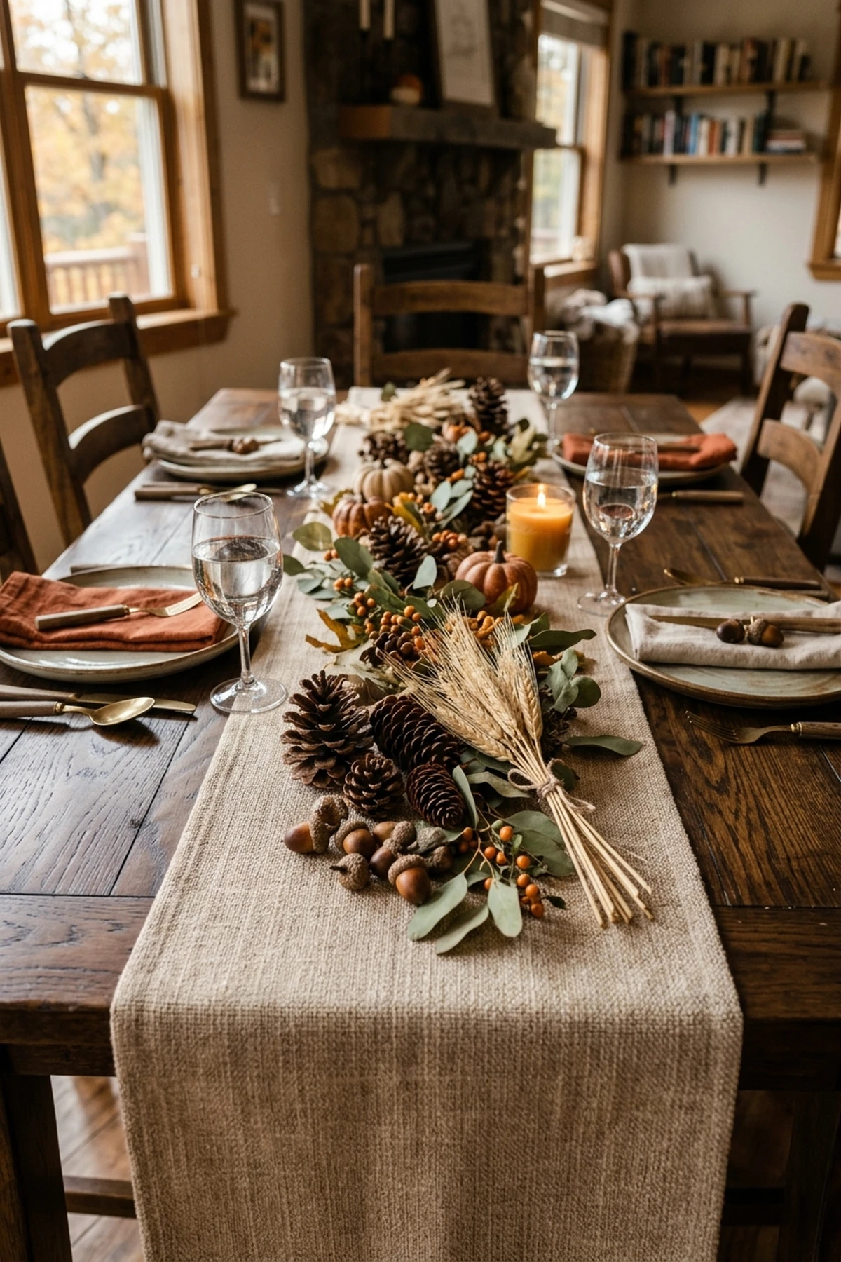 30 Earthy Fall Decor Ideas for a Cozy, Sustainable Home 7 6. Woven Linen Table Runners with Natural Pinecone Fillers - fall decor ideas (AI Generated Image)