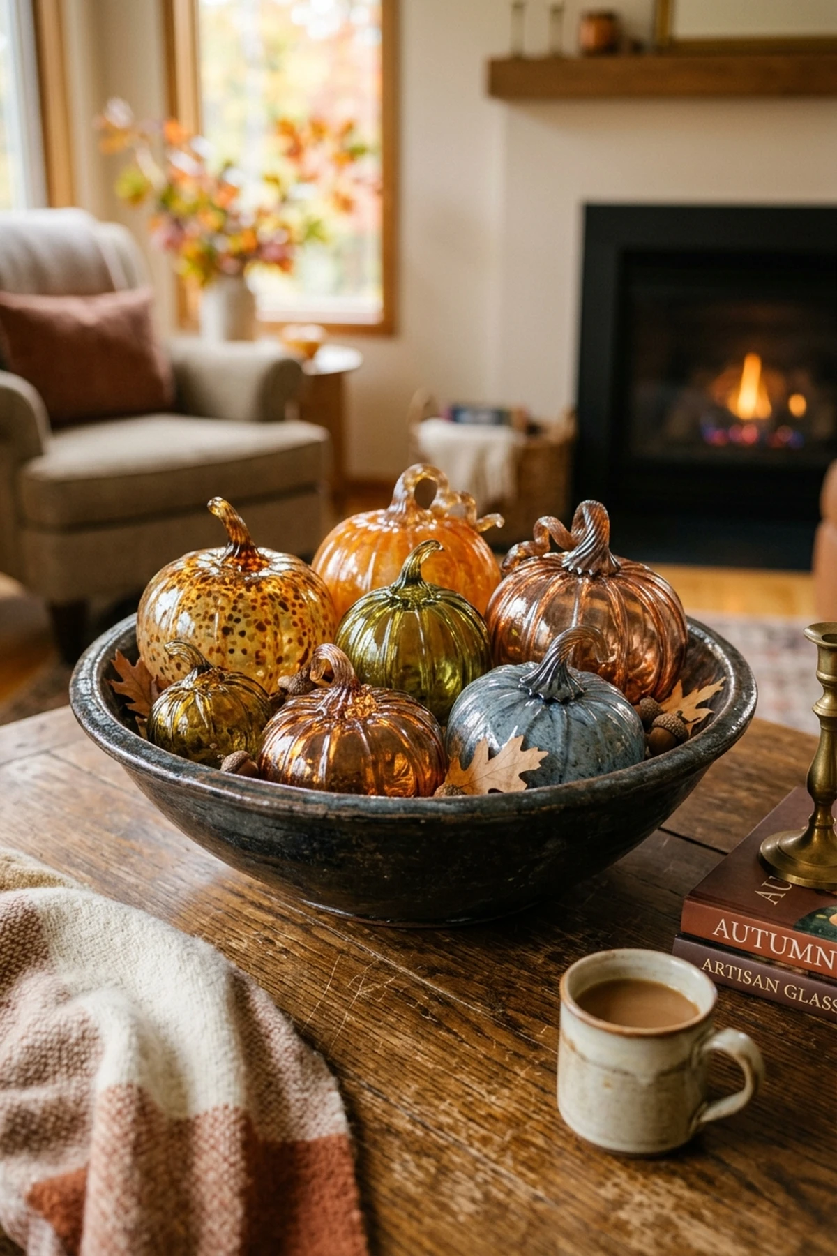 30 Earthy Fall Decor Ideas for a Cozy, Sustainable Home 8 7. Hand-Blown Glass Pumpkins in Stoneware Bowls - fall decor ideas (AI Generated Image)