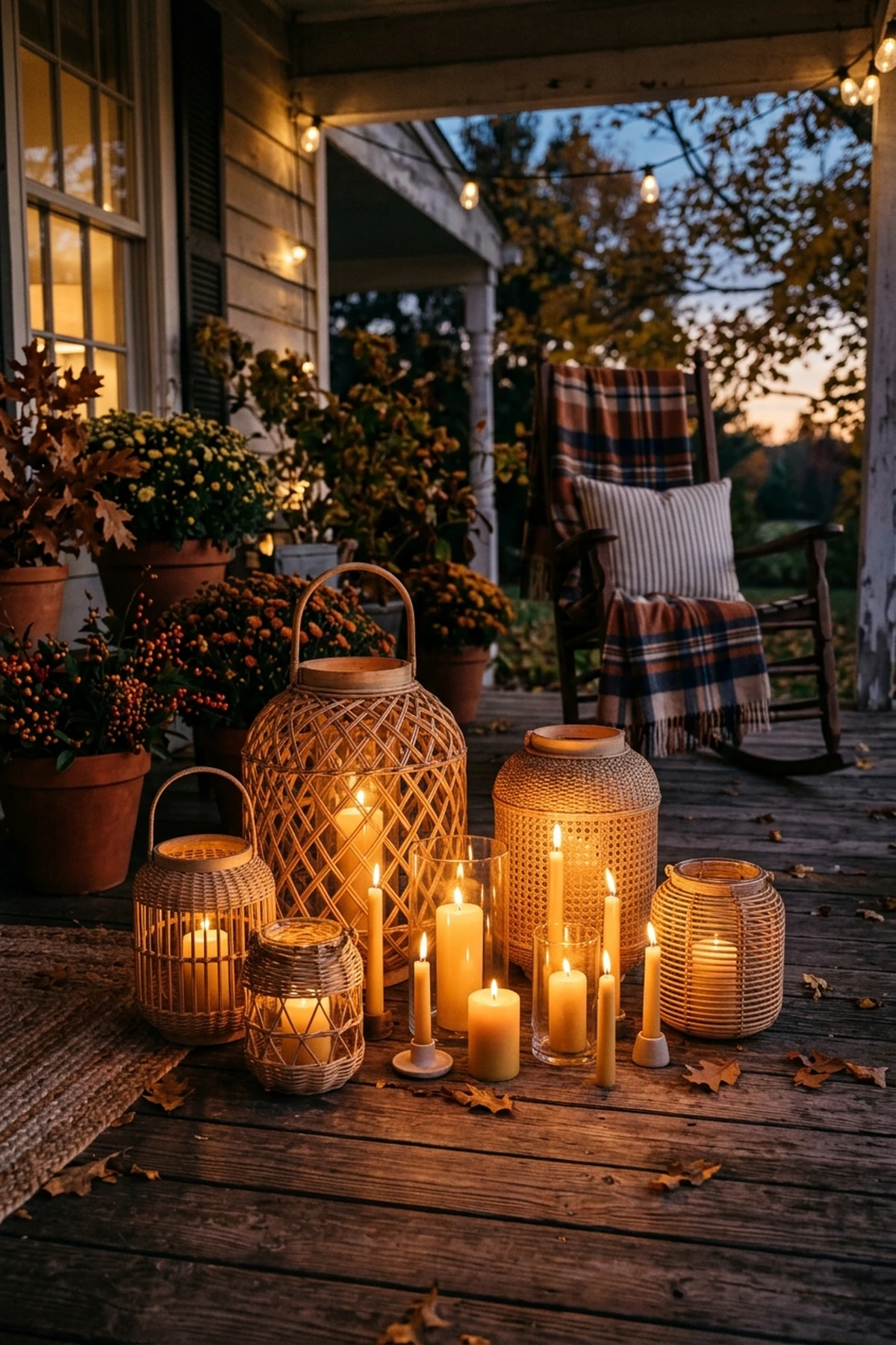 30 Earthy Fall Decor Ideas for a Cozy, Sustainable Home 9 8. Rattan Lanterns Clustered with Beeswax Tapers - fall decor ideas (AI Generated Image)