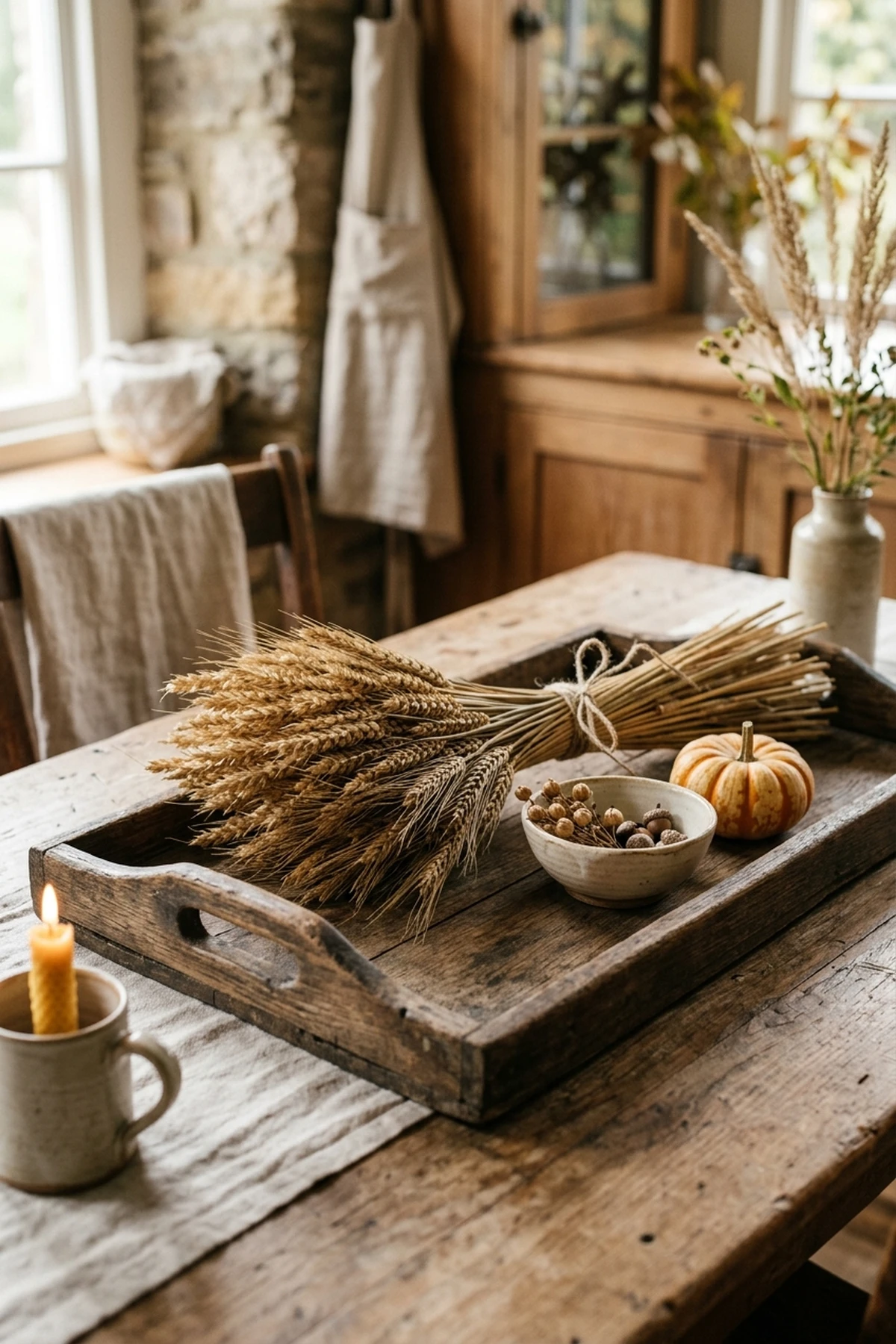 30 Earthy Fall Decor Ideas for a Cozy, Sustainable Home 10 9. Aged Wood Trays Styled with Harvest Dried Wheat Sheaves - fall decor ideas (AI Generated Image)